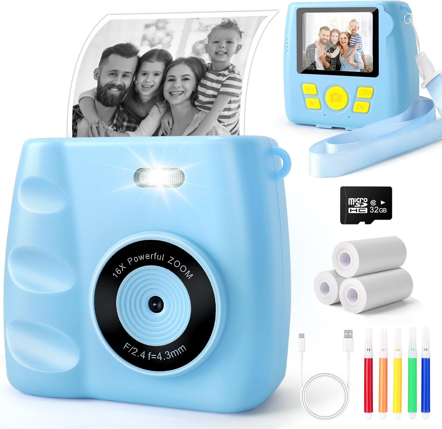 Appareil photo instantané enfant bleu famille partage