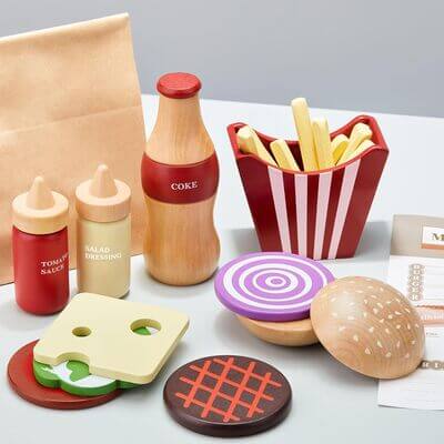 Accessoires de dinette fast-food en bois avec sauces, frites et boisson, jeu de motricité