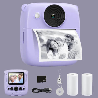 appareil photo instantané enfant imprimant une photo de famille souriante