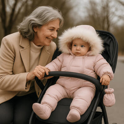Bébé fille portant une barboteuse rose confortable lors d'une promenade en poussette avec sa grand-mère