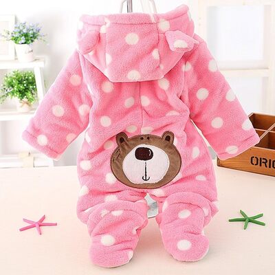 Barboteuse polaire rose pour bébé, à pois blancs avec capuche et motif ours, chaude et confortable pour l’hiver