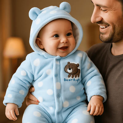 Bébé en barboteuse polaire bleu avec capuche dans les bras de son papa