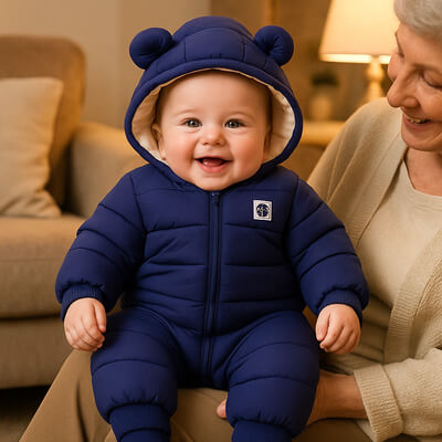 Bébé souriant en barboteuse peluche avec capuche, assis sur les genoux de sa grand-mère, moment tendre et complice