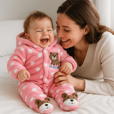 Bébé en barboteuse rose à motifs petits ours, jouant avec sa maman sur le lit