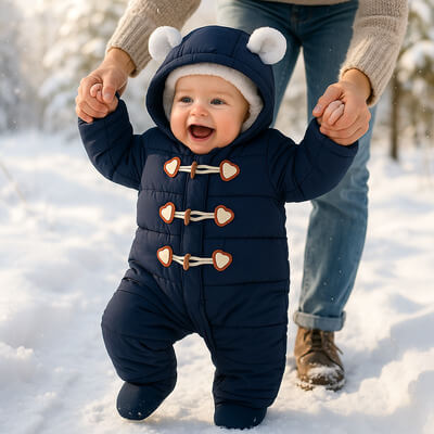 Bébé faisant ses premiers pas dans la neige en barboteuse chaude