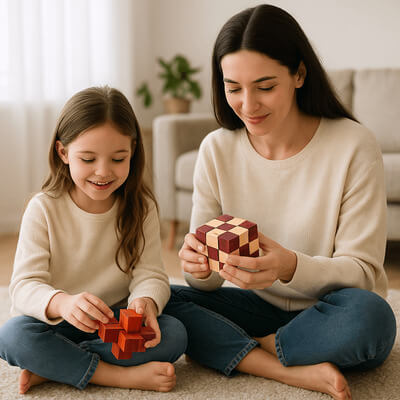 Maman et sa fille assises jouant ensemble avec deux casse-têtes en bois, moment complicité