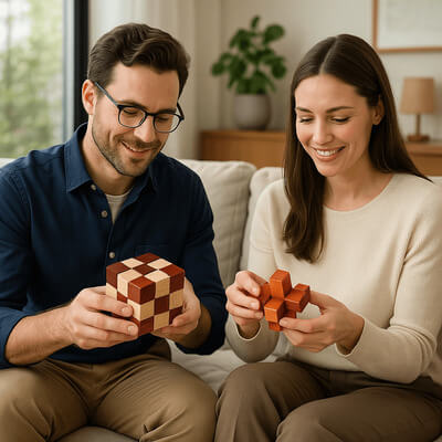 Mari et femme jouant avec deux casse-têtes en bois, activité anti-stress