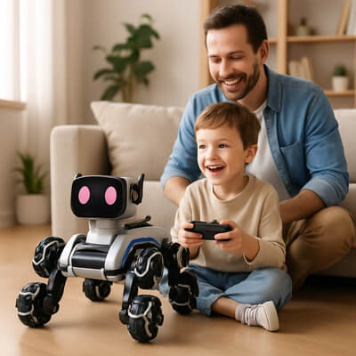 Père et fils jouant avec chien robot RC dans le salon, moment de partage