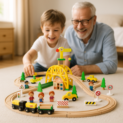 grand pĂšre et petit fils en train de jouer avec le train en bois