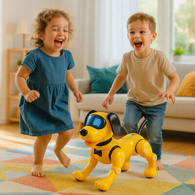 Frère et sœurs jouant avec un chien robot interactif jaune, riant et s’émerveillant, moment de complicité et de joie