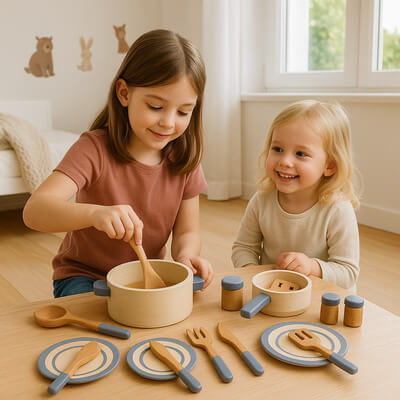 Deux sœurs jouant ensemble avec un set de dinette en bois complet, grande sœur remuant la marmite, moment d’imagination et partage