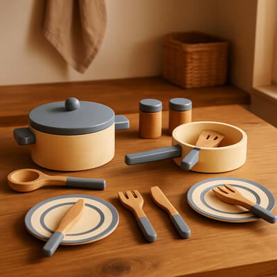 Casseroles et accessoires en bois pour dinette, éveil créatif et motricité fine