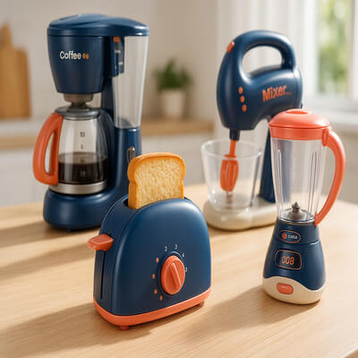 Dinette électroménager réaliste pour enfants avec machine à café, grille-pain, mixeur et blender sur une table
