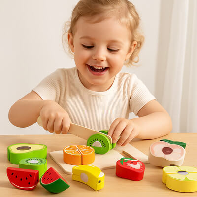 Fillette joyeuse jouant à une dinette en bois, découpant un fruit réaliste avec un couteau en bois