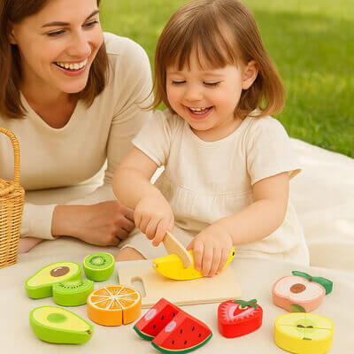Fillette et sa maman en pique-nique joyeux, jouant à une dinette en bois réaliste, moment complice ludique