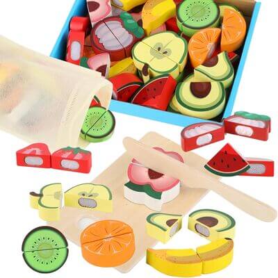 Dinette en bois, fruits à découper colorés avec velcro, planche et couteau en bois, jouet éducatif Montessori idéal pour développer l’imagination et la coordination des enfants