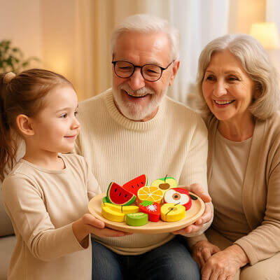 Fillette servant des fruits en bois réalistes sur une assiette à ses grands-parents, moment de joie et de partage