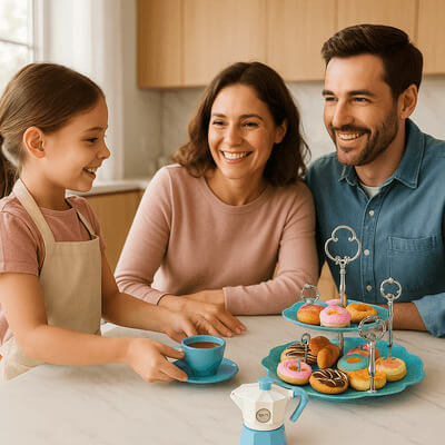 Fillette en tablier jouant avec une dinette, servante du café à ses parents dans un jeu de simulation réaliste