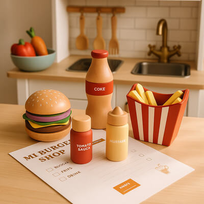 Dinette fast-food réaliste en bois avec menu complet burger, frites et boisson