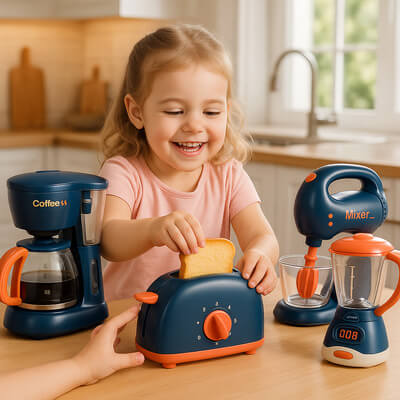 Fillette souriante jouant avec une dinette électroménager, faisant sauter des pains en plastique d’un grille-pain avec tous les appareils miniatures posés sur la table
