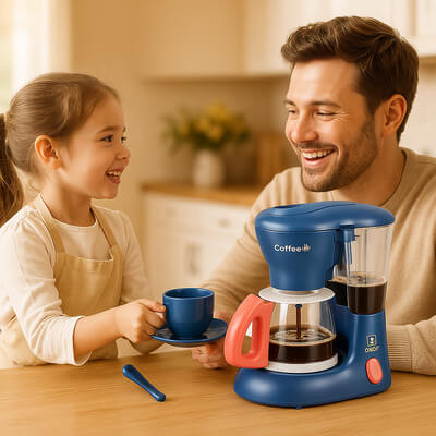 Fillette en tablier jouant avec une dinette, servant du café à son père avec la machine à café posée sur la table, moment familial chaleureux et ludique