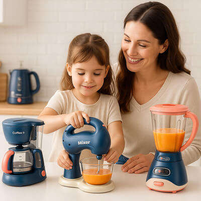 Fillette jouant avec une dinette électroménager, mixant du jus avec un petit mixeur pendant que sa maman la regarde avec le sourire