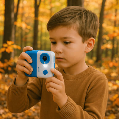 Enfant utilisant un appareil photo pour enfant dans la nature, concentré et en train de cadrer