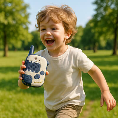 enfant heureux courant et parlant avec un talkie walkie enfant jouet dâextĂ©rieur