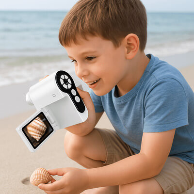 Enfant utilisant un microscope enfant à écran au bord de la mer pour observer un coquillage