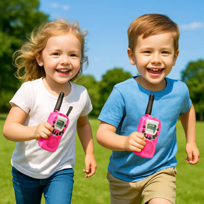 des enfants courant dans un parc avec un talkie walkie enfant