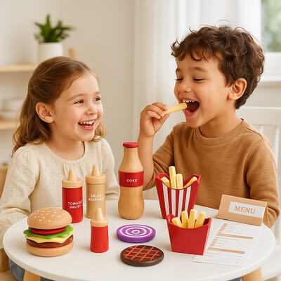 Deux enfants partagent la dinette fast-food en bois et rient ensemble comme dans un vrai restaurant, moment de partage