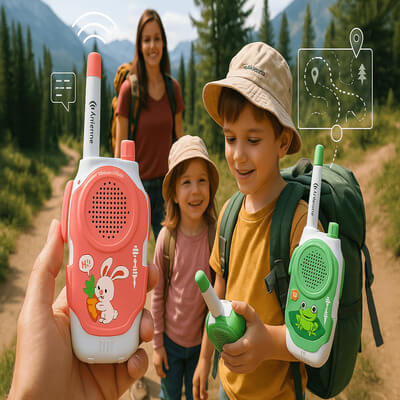 famille en randonnée avec talkie walkie enfant