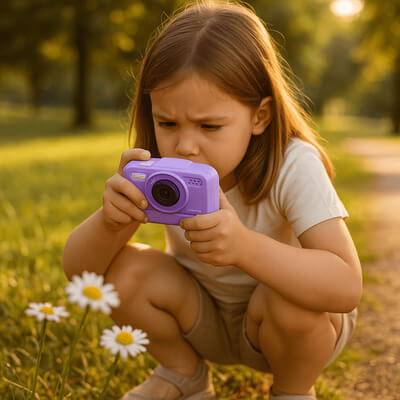 fillette concentrée utilisant un appareil photo enfant pour prendre en photo des fleurs dans un parc