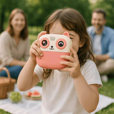 fillette utilisant un appareil photo enfant pendant une balade au parc, capturant des souvenirs en plein air