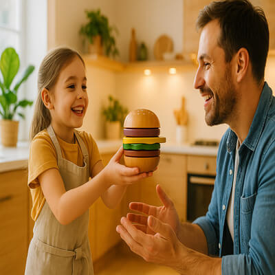 Petite fille offrant un burger en bois de sa dinette fast-food Ă  son pĂšre, moment pĂšre et fille, jeu de simulation