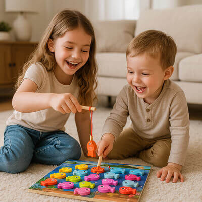 Fillette et son frĂšre jouant au jeu de pĂȘche magnĂ©tique sur le tapis du salon, moment ludique et familial