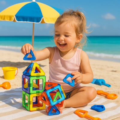 Fillette souriante jouant avec un jeu de construction éducatif à la plage