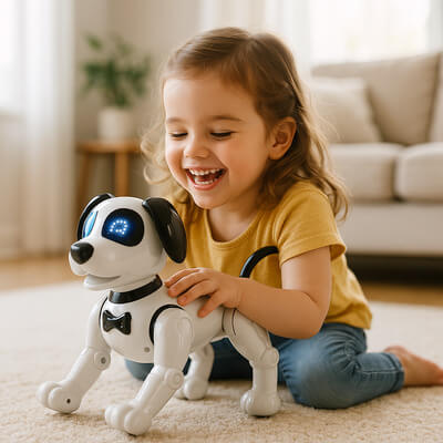 Fillette joyeuse jouant avec un robot chien interactif blanc