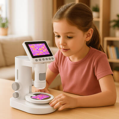 Fillette utilisant un microscope enfant à écran pour observer un morceau de papier coloré ou un tissu