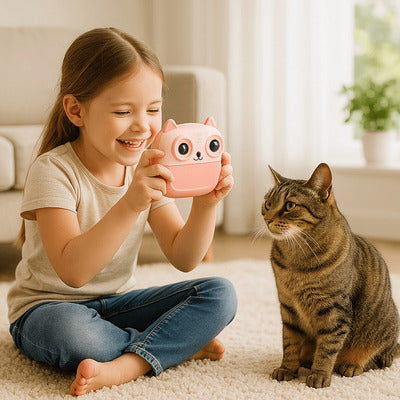 fillette photographiant son chat avec un appareil photo enfant dans le salon