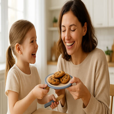 Fillette servant des biscuits avec sa dinette en bois à sa mère, moment complice et joyeux, jeu d’imitation réaliste pour enfants