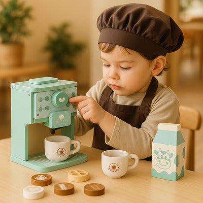 Fillette en tenue de barista jouant seule avec une dinette machine à café en bois, jeu d’imitation réaliste