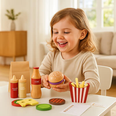 Fillette jouant avec une dinette fast-food en bois, jouet anti-écran