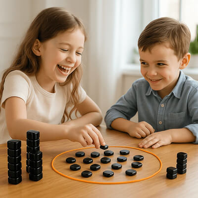 Un frère et une sœur jouant à un échiquier magnétique, jeu de société, moment de complicité familiale