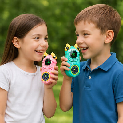 FrĂšre et sĆur jouant avec des talkie walkie enfant en extĂ©rieur, moment de jeu complice en plein air