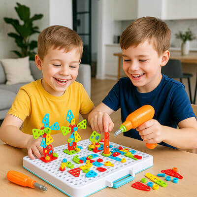 Deux frÚres de 6-7 ans jouant à la malette de construction unie sur une table à la maison, jeu éducatif et créatif