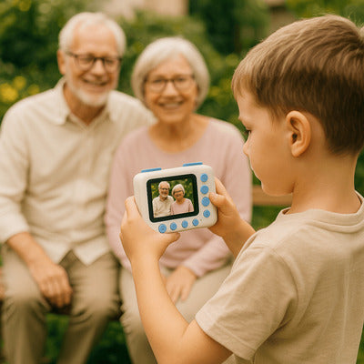 Garçon utilisant un appareil photo enfant pour photographier ses grands-parents, moment en famille