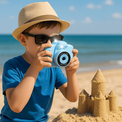 Garçon utilisant un appareil photo enfant pour photographier son château de sable sur la plage, pendant les vacances