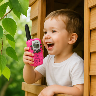 petit garçon utilisant un talkie walkie enfant depuis sa cabane pour appeler
