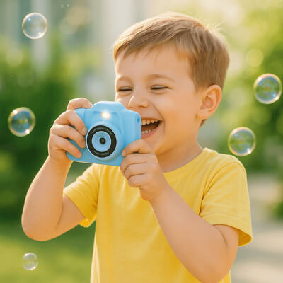 Garçon heureux utilisant un appareil photo enfant pour photographier des bulles de savon dans l’air